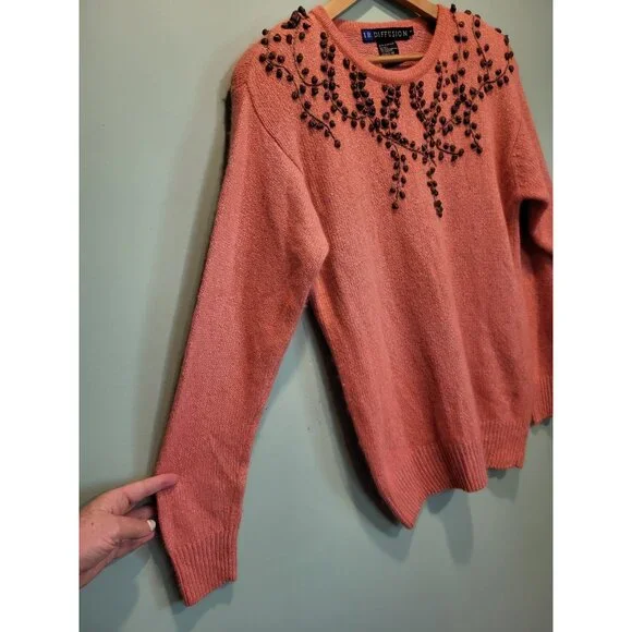 Vtg IB Diffusion Silk Angora Wool Pink Brown Embroidered Beaded Tunic Sweater S - Picture 4 of 7